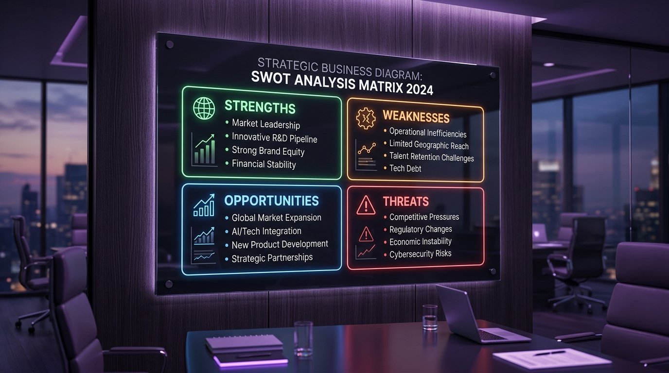 Matriz de análise SWOT com os quatro quadrantes estratégicos de forças, fraquezas, oportunidades e ameaças